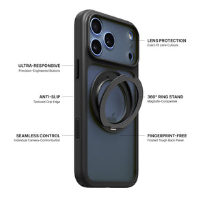 iiCASE Glacier 360 Ring Stand Case iPhone Case in Frost Smoke Black shown on ice blue iPhone detail image