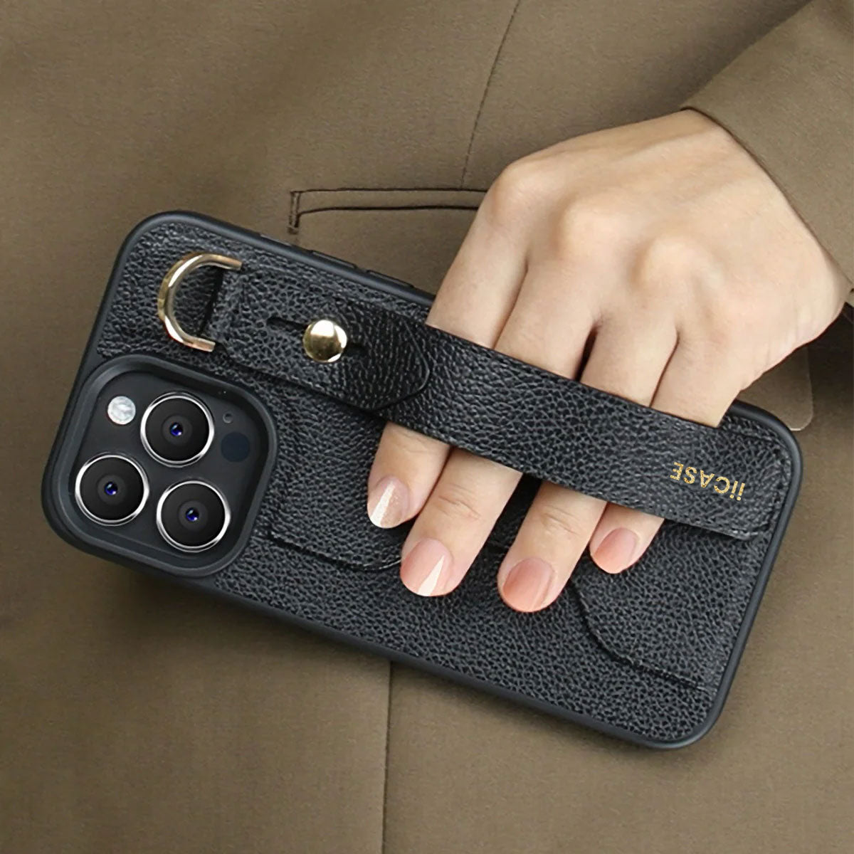 Hand Strap Stand Leather iPhone Case with Card Slot