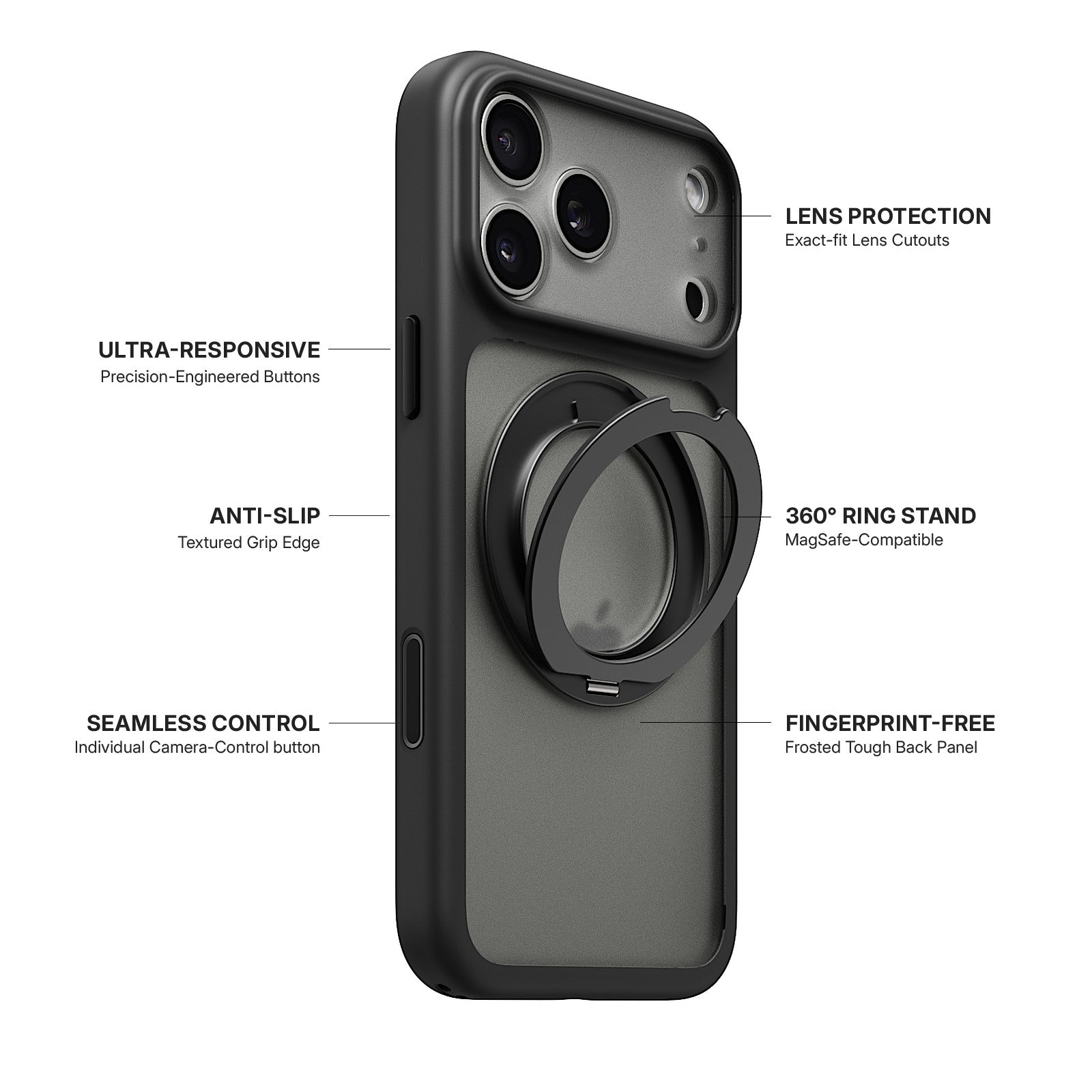 iiCASE Glacier 360 Ring Stand Case iPhone Case in Frost Smoke Black shown on silver iPhone detail image