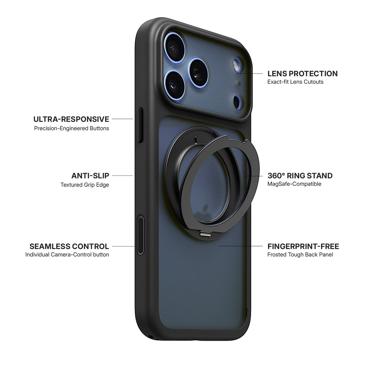iiCASE Glacier 360 Ring Stand Case iPhone Case in Frost Smoke Black shown on ice blue iPhone detail image
