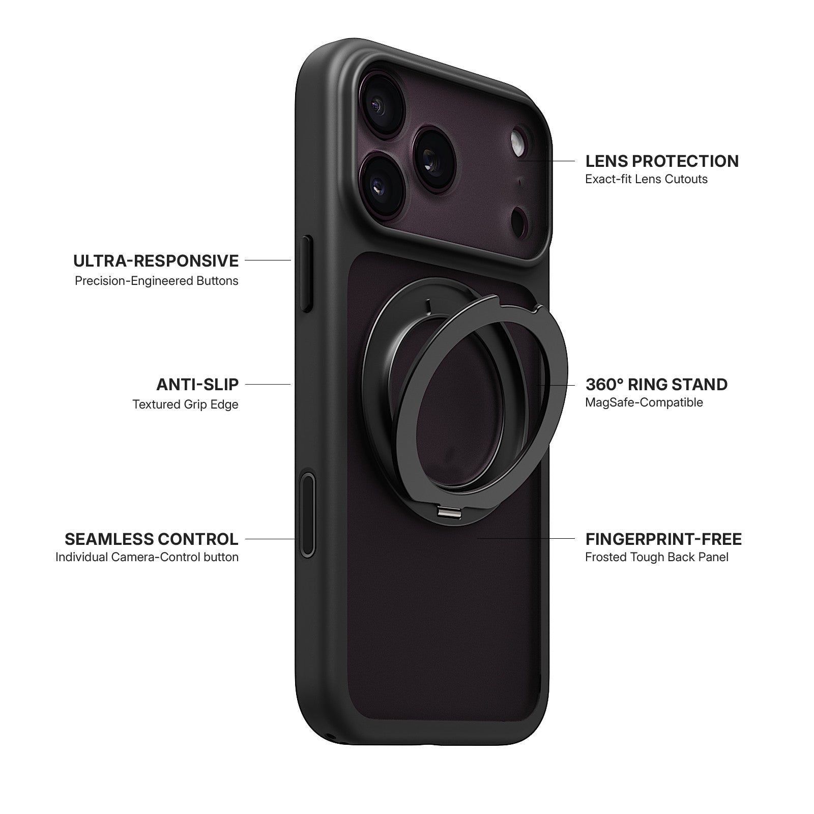 iiCASE Glacier 360 Ring Stand Case iPhone Case in Frost Smoke Black shown on purple iPhone detail image
