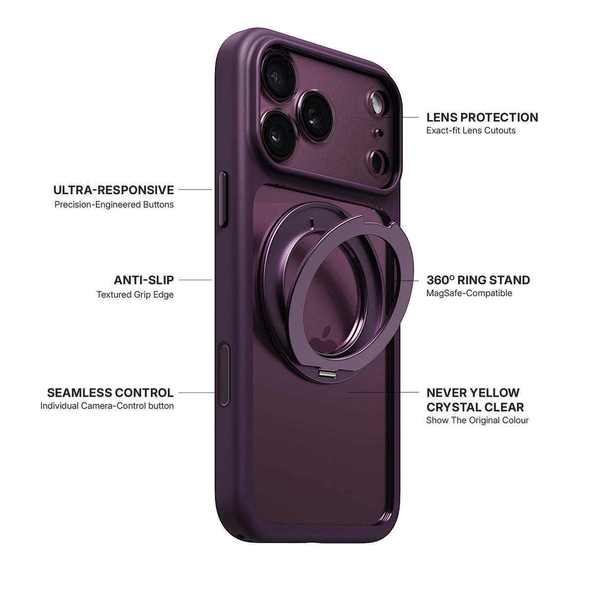 iiCASE Glacier 360 Ring Stand Case iPhone Case in Crystal Dark Plum shown on purple iPhone detail image